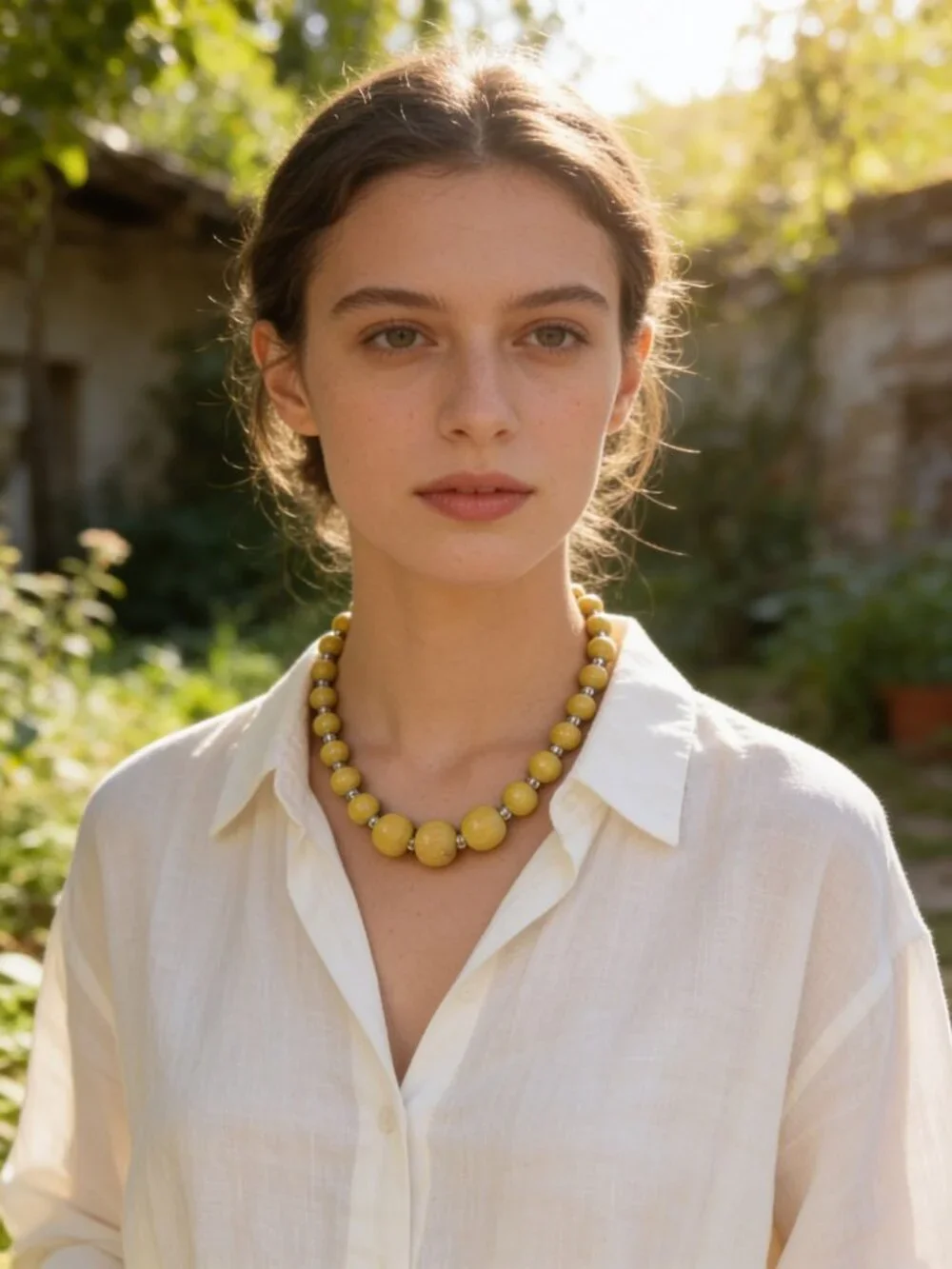 vintage polished olive wooden and silver metal beaded single row necklace
